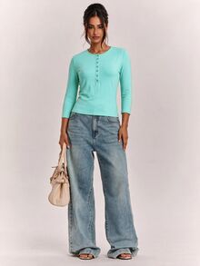 SHEIN BAE Women's Solid Color Button Half-Placket 3/4 Sleeve Casual Top Fall Clothes For Women ,Summer, Winter Clothes - Mint Blue - View 7