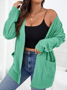 SHEIN Essnce 大尺碼女款素色長袖開襟休閒口袋夾克 - 薄荷綠 - 查看 4