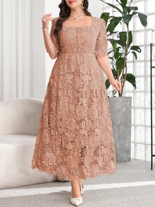 Reflora Plus Size Women's Lace Casual Romantic Elegant Party Wedding Formal Evening Dress Dusty Blue Summer - Dusty Pink - View 4