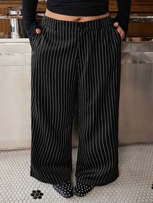 Muchica 女款大尺碼高腰寬腿西裝長褲－秋冬條紋、寬鬆直筒休閒通勤風 - 黑與白 - 查看 3