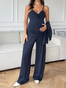 Dazy Maternity Solid Color Fitted Twisted Tank Top, Straight Leg Pants, Loose Cardigan, Casual Home Daily 3-Piece Set, Spring/Autumn Maternity 2-Piece Set - Blue - View 7