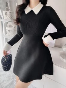 FRIFUL Women's Autumn Contrast Collar Waist-Cinching Ribbed Short Sweater Dress Long Sleeve Tops - Black - View 7