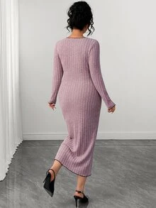 SHEIN Elenzya Plus Size Sexy Elegant Knit Bodycon Ribbed Long Sleeve Bow Collar Contrast Color Dress Fall - Pink - View 2