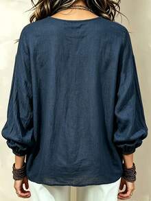 Glimmora Women's Solid Color Long Sleeve Single-Breasted Casual Pocket Shirt - Blue - View 3