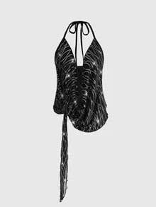 ROMWE Avant Sexy Sheer Sequin Party Plus Size Women Spaghetti Strap Cami Top - Black - View 1