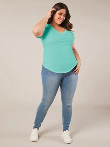 SHEIN BASICS 大尺碼純色V領T恤夏季上衣 - 薄荷綠 - 查看 4