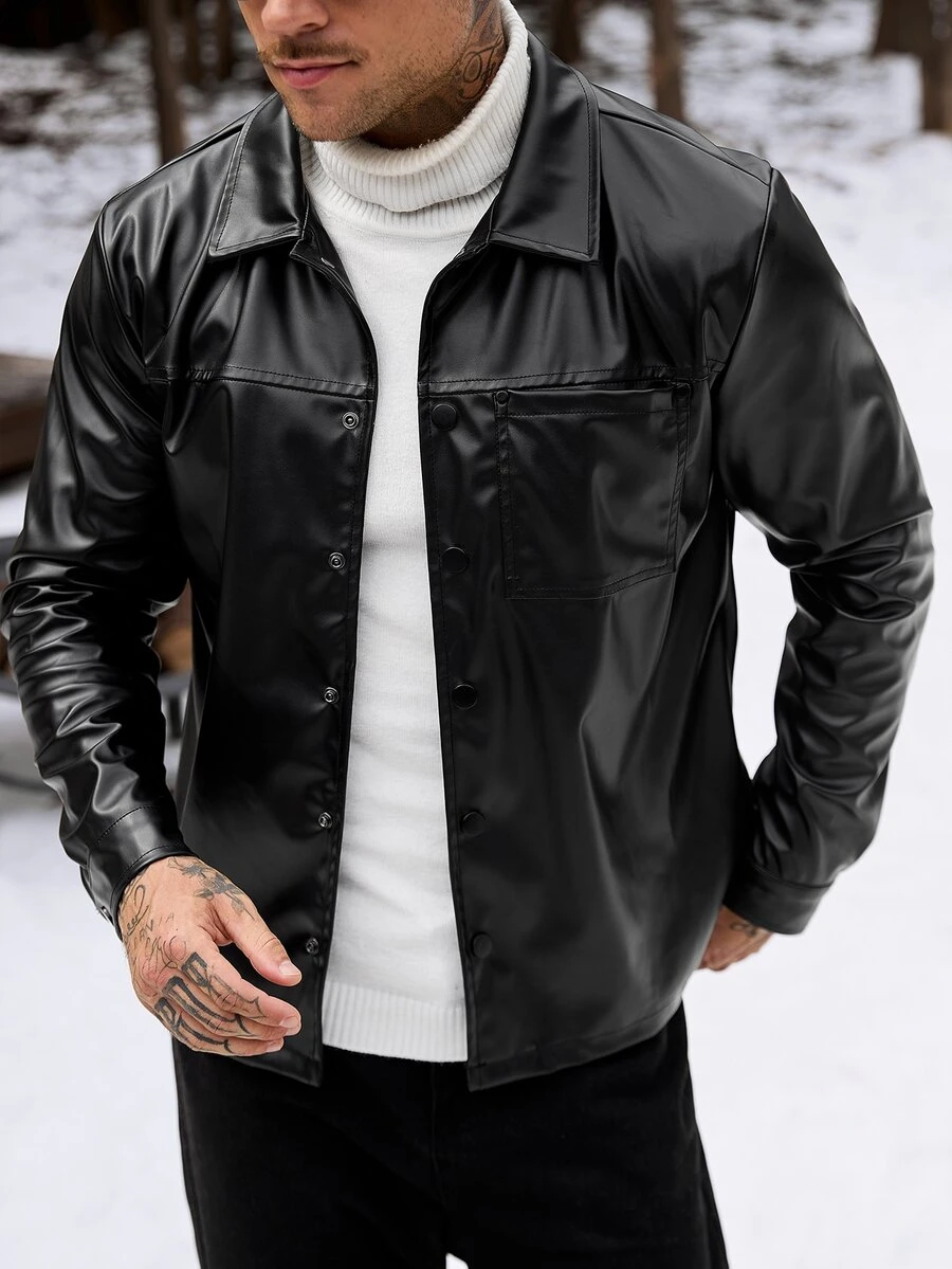 Manfinity CasualCool Jaket Pria Lengan Panjang PU dengan Kantong, Cocok untuk Musim Gugur dan Musim Dingin - Hitam - View 1
