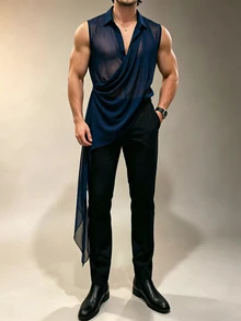 ZURIURI 男士夏季休閒度假透視性感時尚無袖背心上衣 - 藏蓝色 - 查看 3