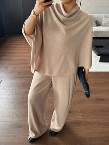 Dazy Plus Loose Asymmetrical Design Pullover Top & Long Pants 2 Pieces Set, Elegant Outfit, Spring/Autumn New Arrival - Khaki - View 1