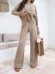 SHEIN مجموعة كاجوال نسائية مقاس صغير بلون موحد مع كنزة بياقة مجوفة وبنطلون كنزة - بيج - مشاهدة 5
