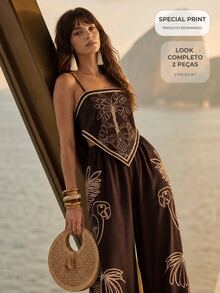 CAJUNI Chic Vacation Tropical Rope Top And Pants Coord - Brown - View 10