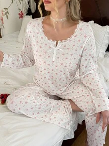 CottageSlumber Minimalist Lace Collar Bow Long Sleeve Pajamas, Skin-Friendly Comfortable Sweet Plus Size Home Wear 2 Pieces Set - Pink - View 7