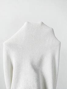 SHEIN New Spring Fall Minimal Sparkle Thread Rib Knit Tee Women Notch Collar V Neck Mid Sleeve Retro Fitted - White - View 4