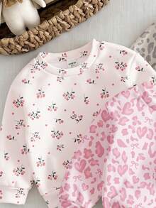 SHEIN 秋冬款 3件套！少女休閒趣味淺色豹紋＋花卉圖案，厚實柔軟舒適圓領套頭運動衫，多件裝女童服飾，Y2K、可愛風、派對、日常、度假、可愛舒適 - 彩色 - 查看 8