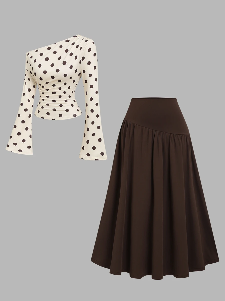 Sweetra Women's Elegant & Fashionable Polka Dot Design Comfortable Milk Silk 2 Pieces Set - Coffee Brown - View 1