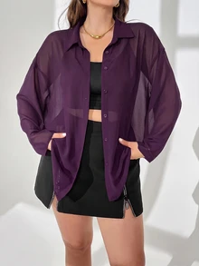 Auralis Plus Size Women Solid Color Casual Versatile Daily Wear Shirt - Purple - View 7