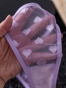 SHEIN 愛心網紗愛心蕾絲鋼圈內衣與丁字褲內衣兩件套 - 紫色 - 查看 5