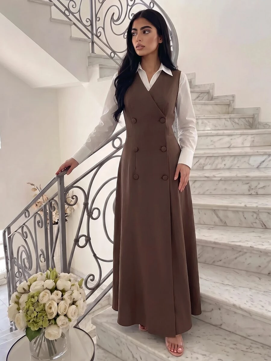 Veilorie فستان طويل كاجوال للحفلات برقبة على شكل حرف V بلون موحد للنساء - بني داكن - مشاهدة 1