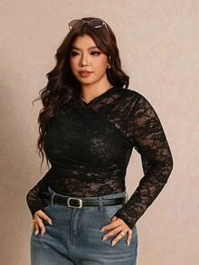 Elaquor Plus Size Sheer Lace Sexy Bodysuit - Black - View 6