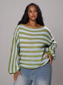 Rustia Women's Plus Size Loose Knit Striped Pullover Sweater - Green - View 4