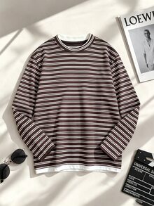 SHEIN 青少年男孩拼色領口休閒春/秋季T恤 - 棕色 - 查看 1