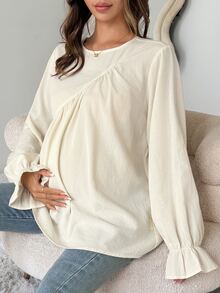 Dazy Maternity Solid Color Loose Ruffle Long Sleeve Casual Vacation Daily Cover-Up Top Spring Autumn Maternity Cover Up - Apricot - View 6