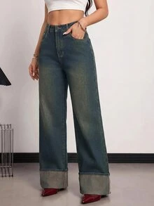 SHEIN PETITE 小碼女款復古高腰寬鬆寬腿牛仔褲 女教師穿搭 - 深色水洗藍 - 查看 4