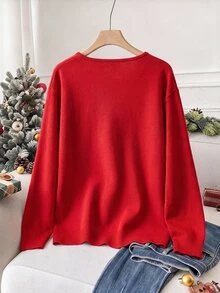 SHEIN Clasi Cardigan Rajut Wanita Ukuran Besar Lengan Panjang Berpayet dengan Pita dan Bagian Depan Terbuka, Warna Merah Musim Gugur, Motif Langit Berpayet - Merah - View 2