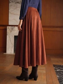 MOTF PREMIUM WOMEN'S SOLID COLOR SUEDE LONG SKIRT WITH BELT - Brown - View 3