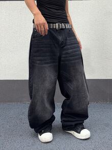 Manfinity EMRG 男士龍圖案刺繡彎刀風格牛仔褲 - 深灰色 - 查看 6