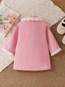 SHEIN Playful Pals 女嬰粉色羊毛大衣，白色毛領與袖口，A字版型時尚外套，適合外出，可愛且時尚 - 粉色 - 查看 2