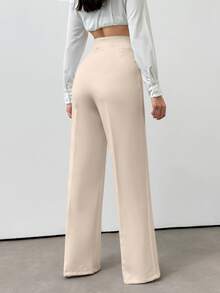 SHEIN Plus Size Women's Solid Color Casual Woven Wide Leg Pants - Beige - View 2