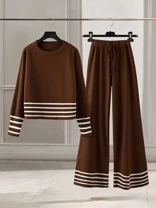 SHEIN Elenzya مجموعة كنزة مخططة بألوان متعددة & بنطال محبوك مقاس كبير - قهوة بني - مشاهدة 3