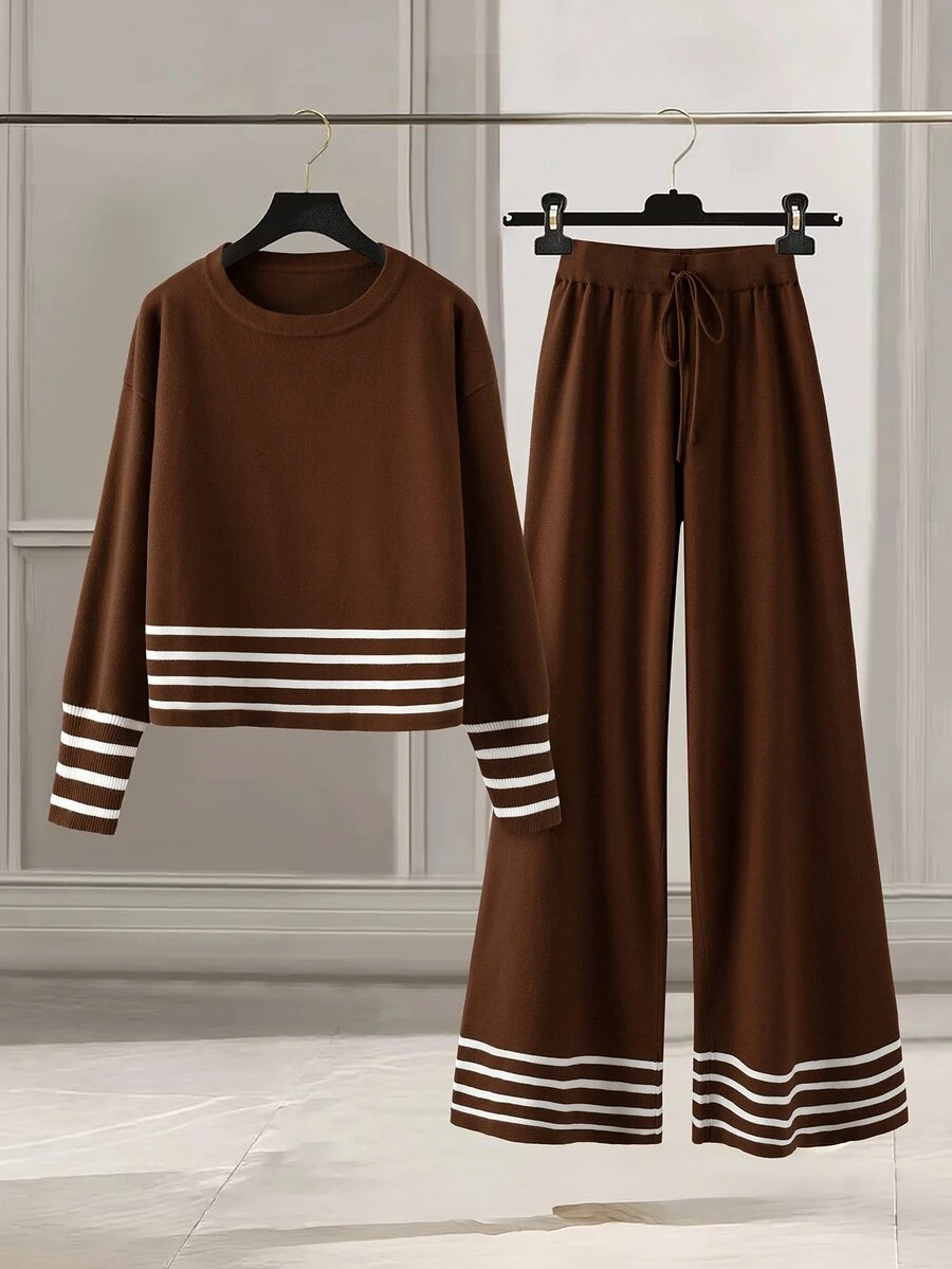 SHEIN Elenzya Plus Size Colorblock Striped Sweater & Knit Pants Set - Coffee Brown - View 1