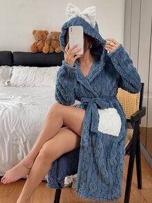 SHEIN Comfortable Textured Fabric Hooded Casual Robe Christmas Gift Long Sleeve Warm Plush Thick Style With Drawstring Casual Loungewear With Pocket Design Women's Home And Sleepwear Autumn/Winter Wear Suitable For Autumn/Winter Fluffy And Comfortable - Blue - View 1