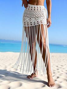 Swim SXY Women's Solid Color Hollow Out Tassel Hem Cover-Up Skirt For Vacation - White - View 4