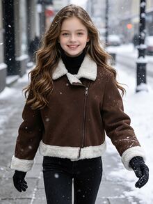 SHEIN Elladie kids Streecool 青少年女孩夾克 秋季服飾 街頭風休閒時尚 純色翻領長袖拉鍊 PU 機車夾克 常規款加厚 - 棕色 - 查看 6