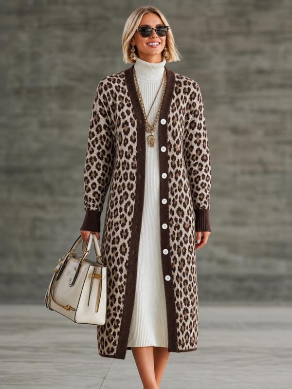Wandoria Women's Autumn New Single Piece V-Neck Leopard Print Fashion Design Mid-Length Fitted Personalized Stylish Elegant Sophisticated Knit Cardigan