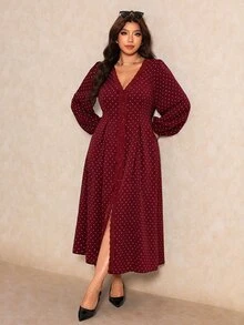 Elaquor Plus Size Women's Burgundy Lantern Sleeve Single-Breasted Elegant 1950s Vintage Romantic 1920 Celestial Dress Fall Brunch Party Date Night Evening - Red - View 1