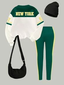 SHEIN 女童時尚 New York 67 徽章五角星條紋紫色拼接圖案基礎圓領運動衫與內搭褲2件套，聖誕、秋季 - 彩色 - 查看 2