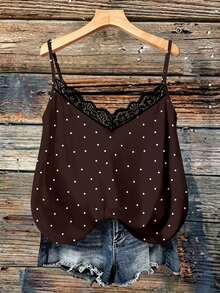 SHEIN VCAY Plus Size Women's Contrast Lace Polka Dot Print Camisole - Brown - View 1