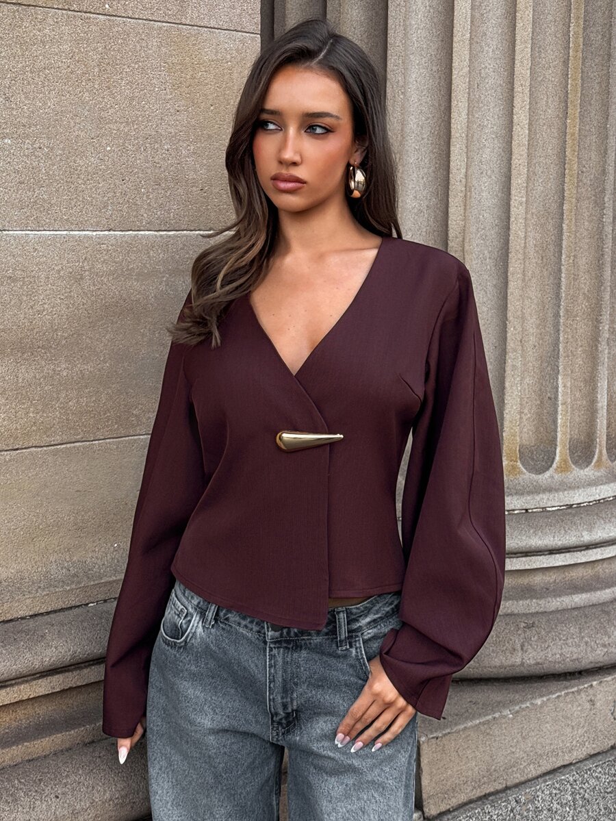 Aloruh Women's Solid Color V-Neck Casual Versatile Daily Long Sleeve Jacket,New Fall Styles - Coffee Brown - View 1