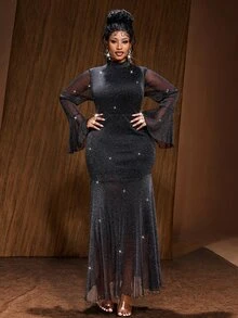 Maweii Plus Size Black Silver Thread High Neck Bell Sleeve Sexy Fitted Evening Dress Fall - Black - View 5