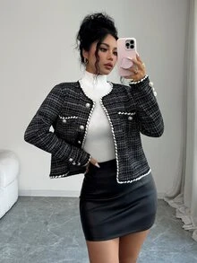 SHEIN Elenzya Women's Classic Black & White Tweed Faux Pearl Button Long Sleeve Commuter Jacket - Black - View 1
