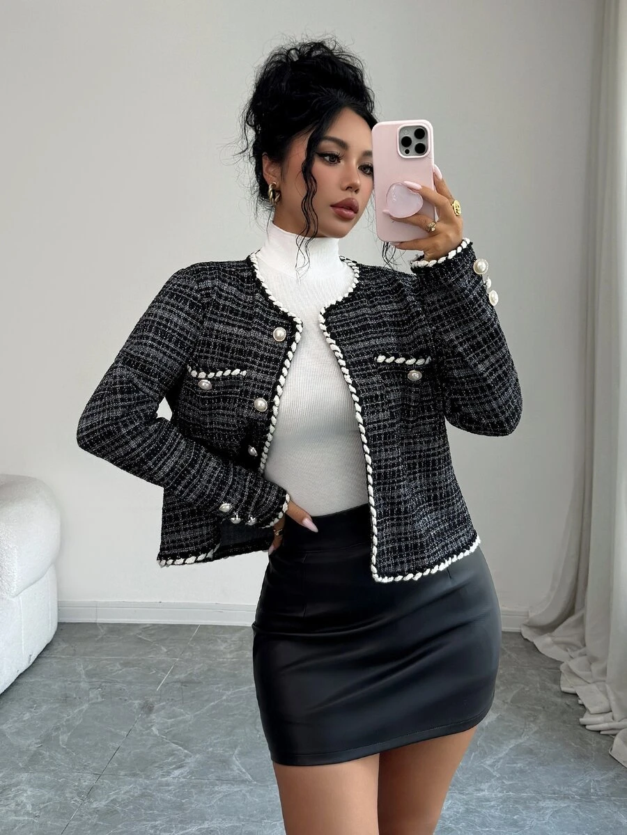 SHEIN Elenzya Women's Classic Black & White Tweed Faux Pearl Button Long Sleeve Commuter Jacket - Black - View 1