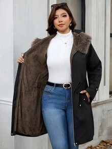 SHEIN Clasi Plus Size Women's Fur Collar Long Sleeve Drawstring Waist Casual Jacket - Black - View 8