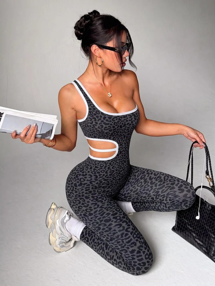 Slayform Slayform Women's One-Shoulder Leopard Print Colorblock Casual Daily Sports Jumpsuit - Black - View 1