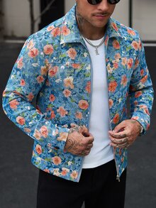 Manfinity CasualCool 2026新款男士新年聖誕萬聖節假期禮物休閒時尚設計極簡優雅百搭寬鬆藍色花卉圖案拉鍊長袖夾克 - 藍色 - 查看 6