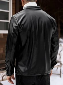 Manfinity CasualCool 男士長袖 PU 口袋夾克，適合秋冬穿著 - 黑色 - 查看 2