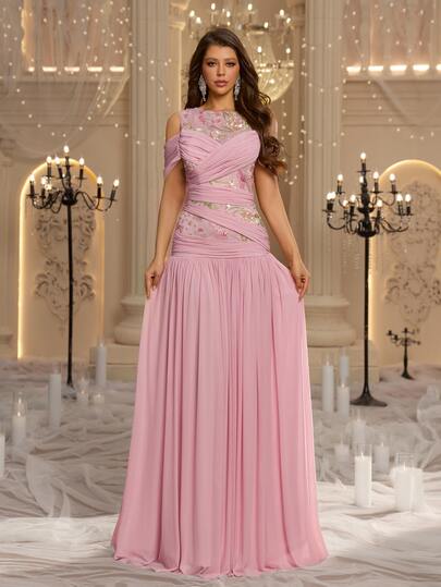 Glamrae Elegant Pink Chiffon Tulle Sequin Applique Sheer Cold Shoulder Ruched Draped A Line Floor Length Summer Prom Ball Formal Wedding Guest Evening Gown